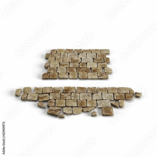 3D rendered arrangement of brown stone wall parts