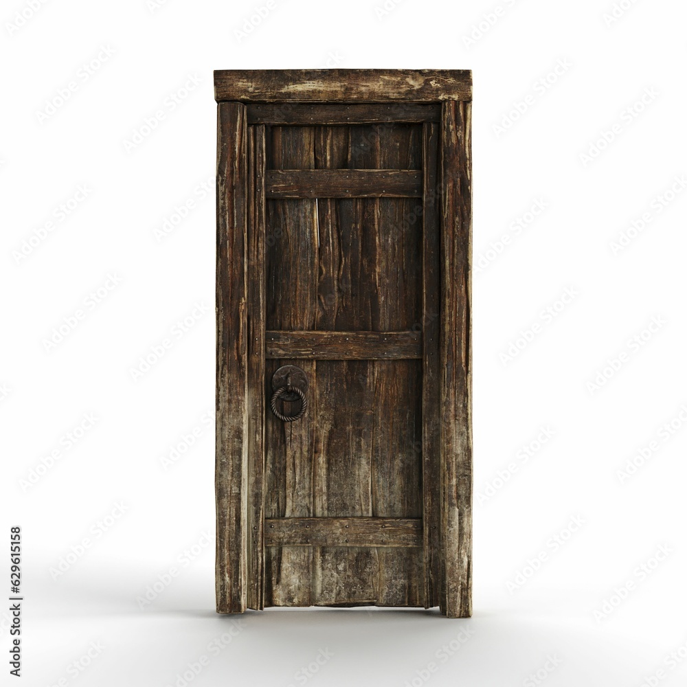 3D rendered scale model of an antique wooden door with a latch