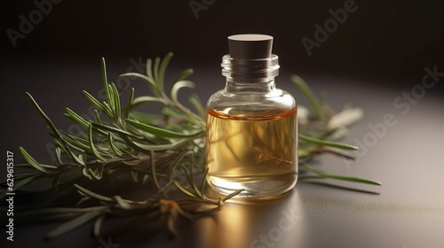 Close-up of a bottle containing oil and rosemary, made with generative AI