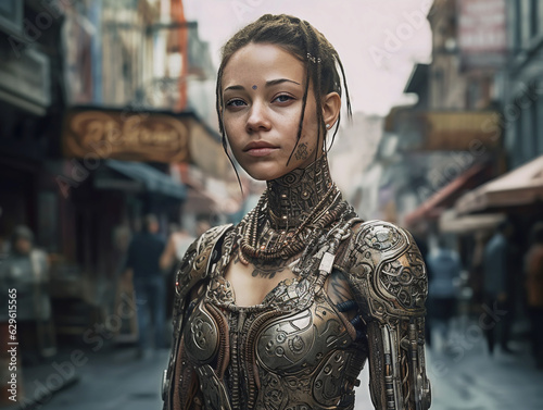 Futuristic Portrait of Cyborg Woman in bronze Armor wearing, city street