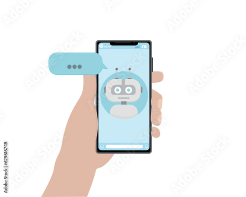 Phone in hand human hand correspondence robot correspondence help chat messenger phone screen vector illustration
