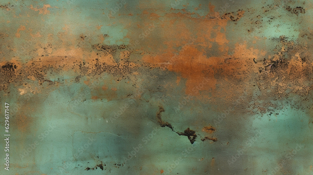 Old grunge copper bronze rusty texture background. Distressed cracked patina siding. Generative AI - obrazy, fototapety, plakaty 