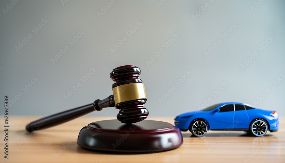 car accident and gavel lawsuit on table or insurance court case with copy space