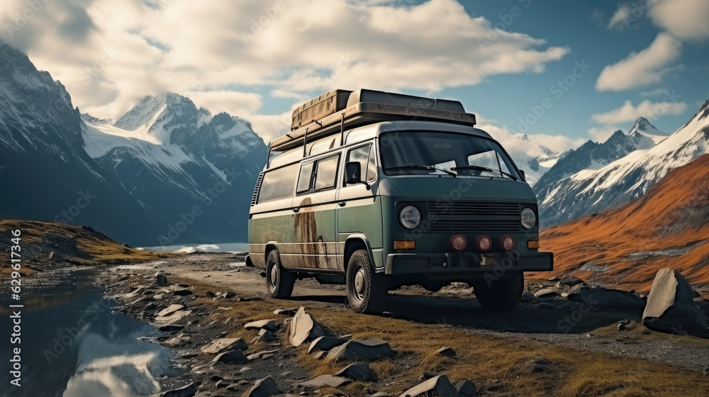 Old school campervan among the high mountains by the river.