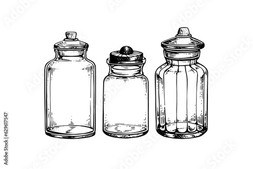 Empty glass jars ink sketch. Vector vintage black engraving illustration.