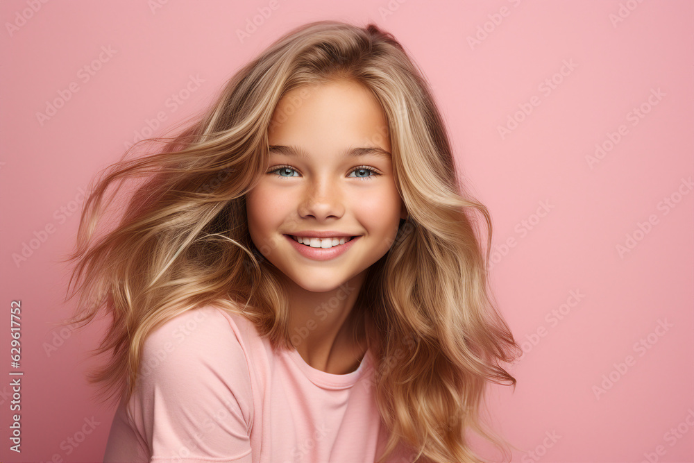 Generative AI portrait of happy pretty cute young girl isolated on pink color background blond stunning flying hairstyle Generative AI portrait of happy pretty cute young girl isolated on pink color background blond stunning flying hairstyle