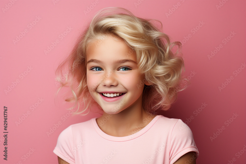 Generative AI portrait of happy pretty cute young girl isolated on pink color background blond stunning flying hairstyle