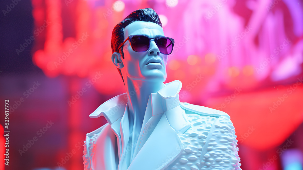 handsome man white statue with black sunglasses in a cyberpunk city with neon lights at night handsome man white statue with black sunglasses in a cyberpunk city with neon lights at night