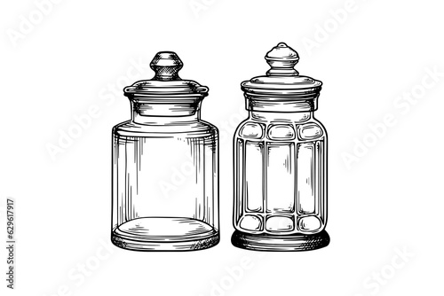 Empty glass jars ink sketch. Vector vintage black engraving illustration.