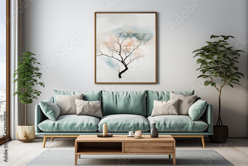 Green sofa against a green wall. Painting on the wall above the sofa. Classic living room interior design mockup. Generative AI