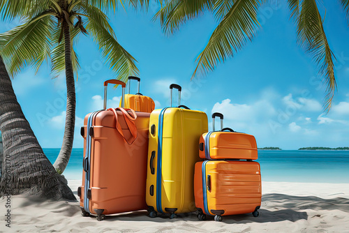 Tourism concept, luggage on the beach. AI technology generated image photo
