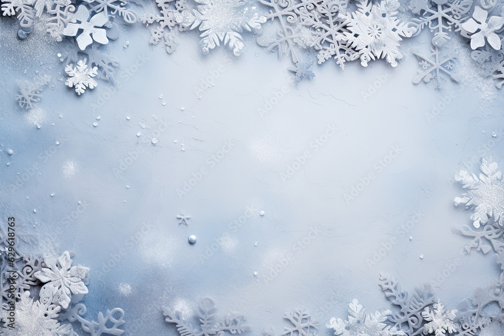 Blue winter background with snowflakes, copyspace