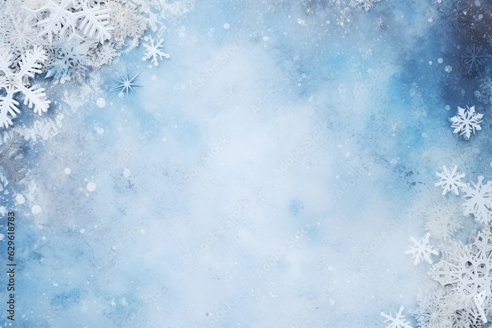 Blue winter background with snowflakes, copyspace
