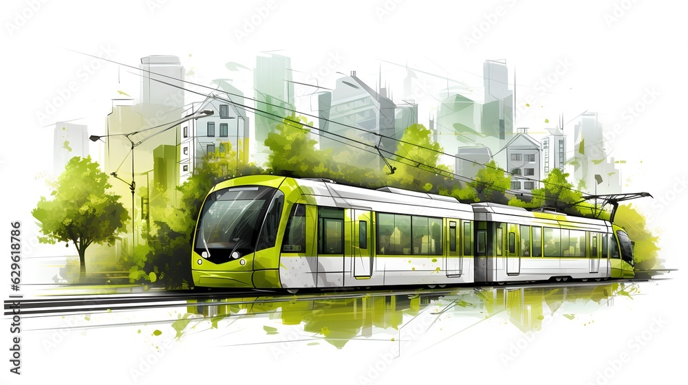 This is a conceptual depiction of sustainable public transportation systems, specifically focusing on the tram. The role of trams in reducing traffic congestion and environmental impact. Generative AI - obrazy, fototapety, plakaty 