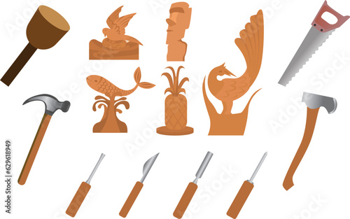 wood sculpture, carpenter tools set, wood industry concept, wood craft, wood carver tools and equipment, sawmill and timber