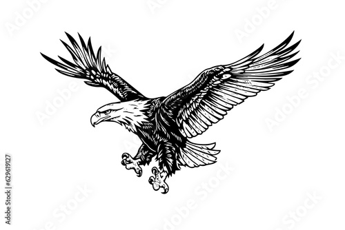 Flying eagle logotype mascot in engraving style. Vector illustration of sign or mark.