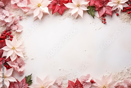 Poinsettias flowers on the white background, top view, Christmas background © reddish