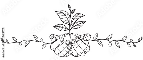 Hand holding plant line art Vector illustration