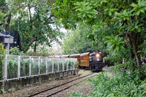 A tourist train, hauled by an antique steam locomotive, travels thru the lush green woods before entering Alishan Forest Railway Garage Park, which is an educational attraction in Chiayi City, Taiwan