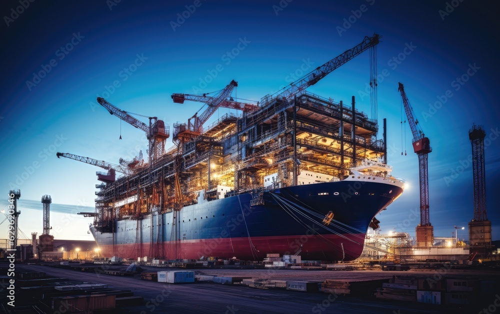 Fototapeta premium Stunning image of a massive cargo ship being constructed in a dry dock