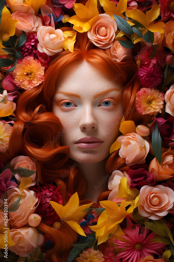 Beautiful Redhead girl surrounded by colorful flowers Beautiful Redhead girl surrounded by colorful flowers