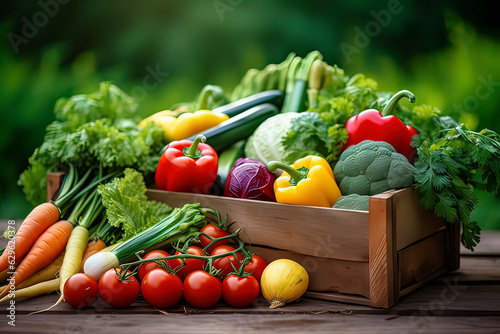 Vegetables in wooden boxes on the farm. AI technology generated image