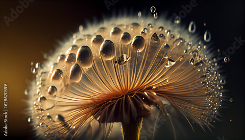Beautiful shiny dew water drops on a dandelion seed, macro photography, selective focus, Ai generated image