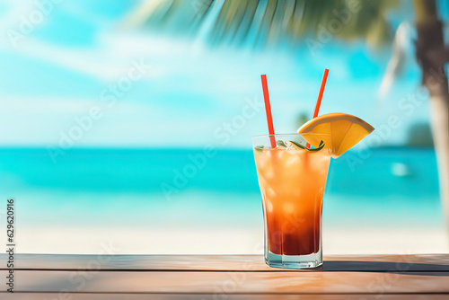 The background of summer cold drinks is a blurry beach. AI technology generated image