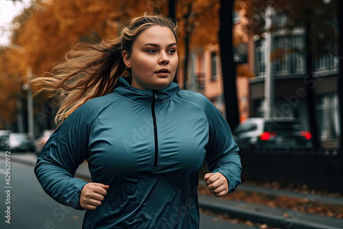 Overweight young woman jogging in city at autumn. Weight loss concept photo