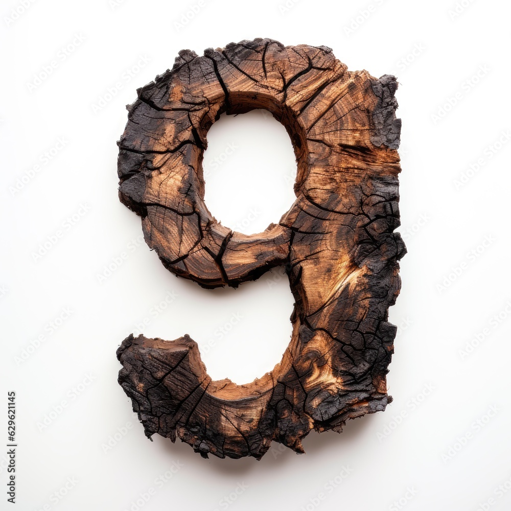 the number 9 made of old oak, burnt oak, many cracks, white background the number 9 made of old oak, burnt oak, many cracks, white background