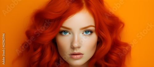 Close-up of redhead girl woman with wavy hair neutral model look and orange background © IgnacioJulian