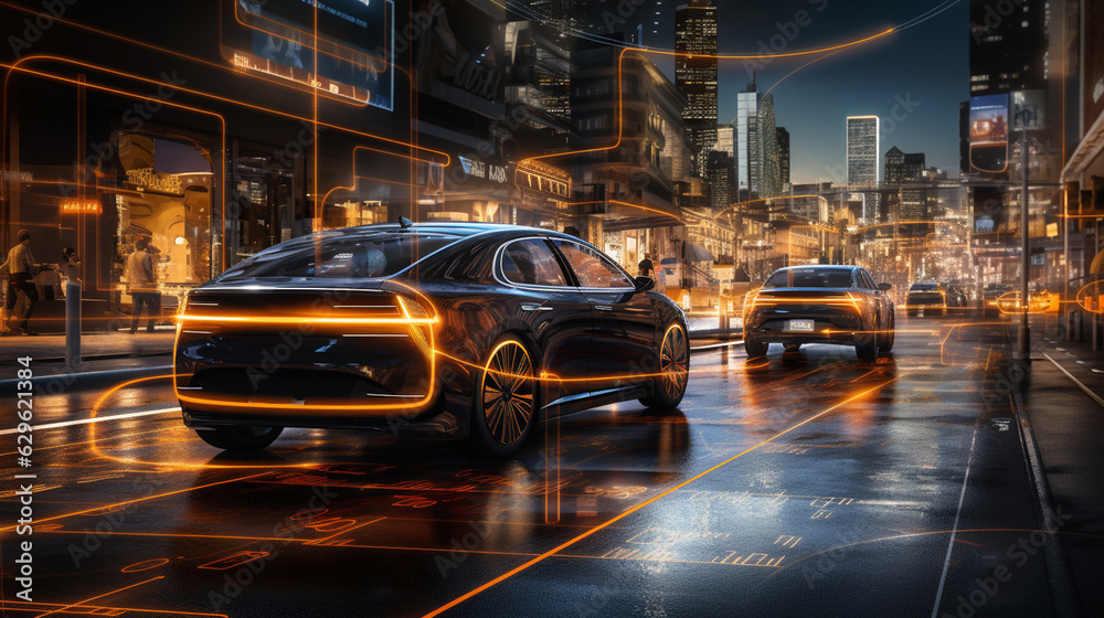 Fototapeta premium Speeding Sports Car On Neon Highway. Powerful acceleration of a supercar on a night track with colorful lights and trails. 3d render