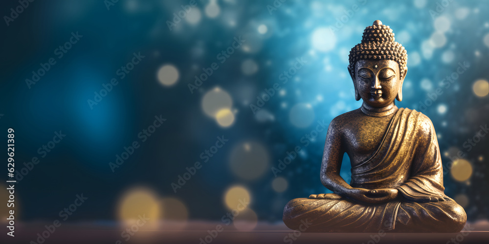 Buddha in a lotus position small statue in dark religious thoughtful ...