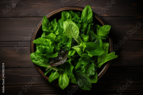 Green salad with fresh leaves in black plate on wooden table, fresh lettuce leaves, generated ai