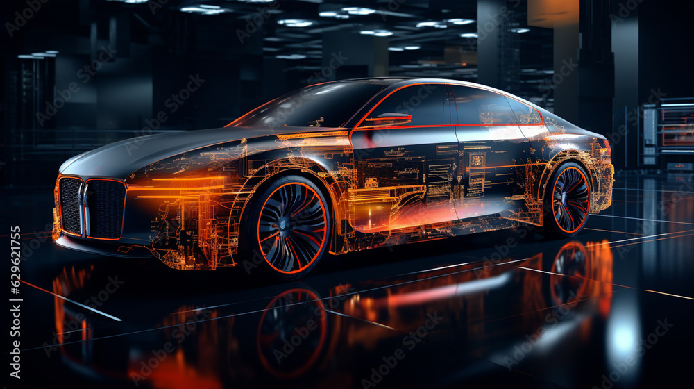 Creative glowing digital car on blurry night city background. Transport and vehicle concept. 3D Rendering Creative glowing digital car on blurry night city background. Transport and vehicle concept. 3D Rendering