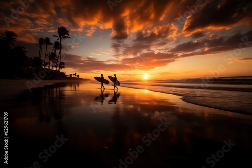 Surfers on the ocean at sunset by Generative AI © sonatik