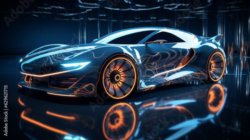 Creative glowing digital car on blurry night city background. Transport and vehicle concept. 3D Rendering