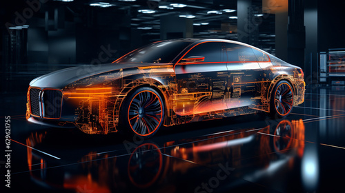 Creative glowing digital car on blurry night city background. Transport and vehicle concept. 3D Rendering