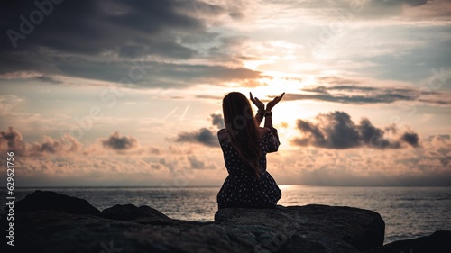 Silhouette of a female sitting on a beach at the golden hour