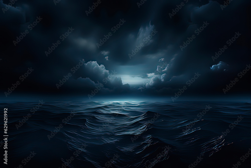 The ocean shrouded in dark clouds and approaching storms. AI technology generated image