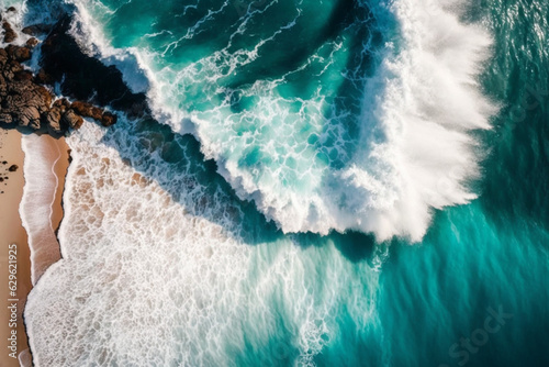Aerial top view blue background of ocean water white wave splashing in the sea to the shore, strength and power of nature, generated ai