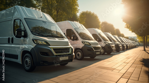 number of new white minibuses and vans outside