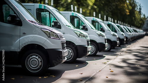 number of new white minibuses and vans outside