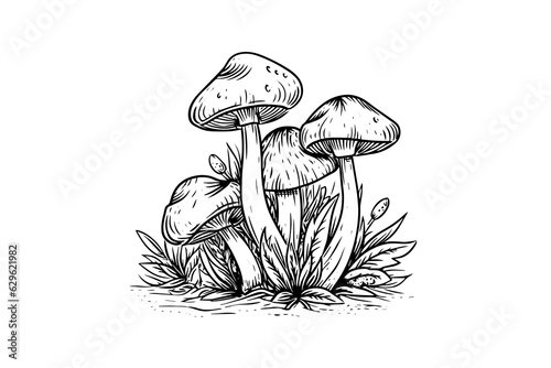 Fly agaric or amanita mushrooms group growing in grass engraving style. Vector illustration.