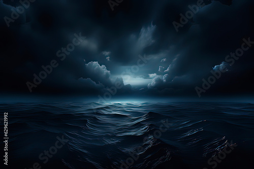 The ocean shrouded in dark clouds and approaching storms. AI technology generated image