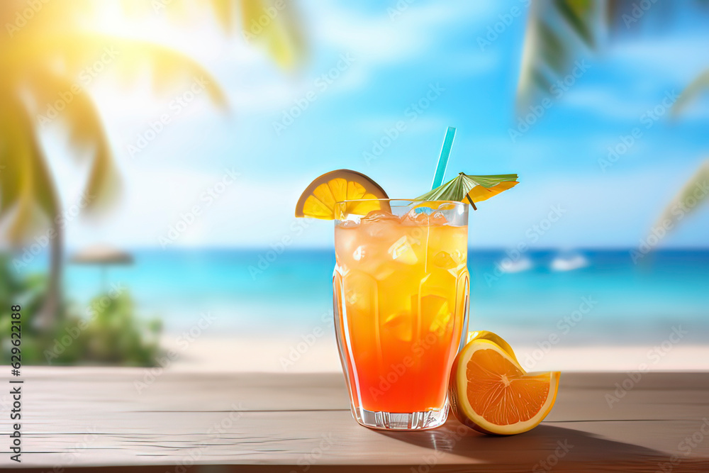 The background of summer cold drinks is a blurry beach. AI technology generated image The background of summer cold drinks is a blurry beach. AI technology generated image