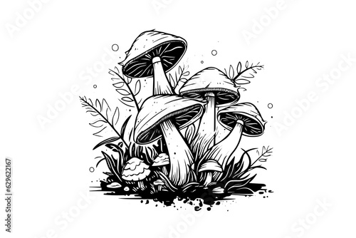 Fly agaric or amanita mushrooms group growing in grass engraving style. Vector illustration.