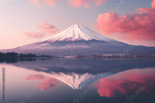 Volcano covered in snow during winter and reflection on a lake with pink and red lights on the clouds during sunset