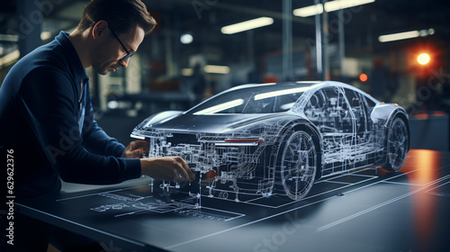 Industrial Design: Automotive Engineer and Designer Working on 3D Electric Car Design, Using Smartphone with Augmented Reality. Graphical Engine, Battery, Chassis, Body Collect into Vehicle