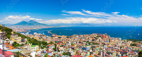 Naples, Italy. View of the city from above, with the Gulf of Naples and Mount Vesuvius. On the left the Hill of San Martino. Banner Header image. 2023-07-04.